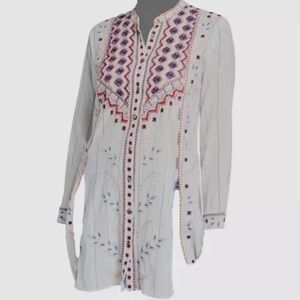 Johnny Was Women's White‎ Side Slits Embroidered Button Up Tunic Top Size XS